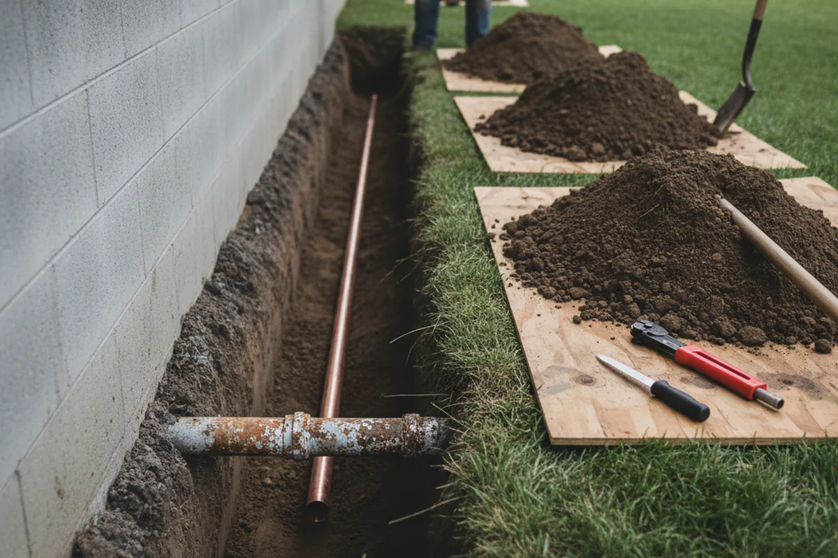 Excavated water line trench during Water Softener Installation in Haymarket